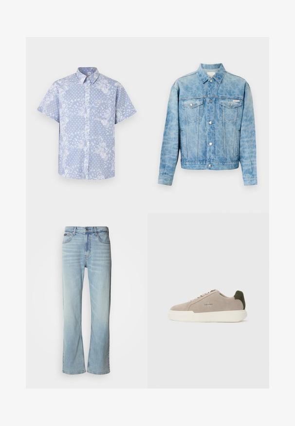 Chaqueta vaquera azul claro con suave estampado de leopardo, cierre de botones, dos bolsillos con solapa en el pecho y logo de Calvin Klein en el bolsillo izquierdo.; Camisa de botones de manga corta en tela azul clara, con un patrón floral blanco y un bolsillo en el pecho con una etiqueta de logo.; Jeans de mezclilla azul claro con corte recto, que cuentan con cinco bolsillos, un cierre de botón y un ligero desvanecimiento en la tela.; Zapatillas de piel de ante beige con suela de goma blanca, que presentan un acento en el talón de color verde oscuro y un sutil logo en el lateral.