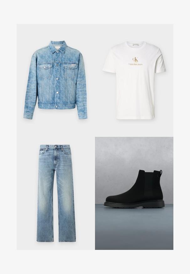 Hellblaue Jeansjacke mit dezentem Leopardenmuster, Knopfverschluss, zwei Brustklappentaschen und Calvin Klein-Logo auf der linken Tasche.; Weißes T-Shirt mit kurzen Ärmeln, das ein kleines beiges "cK"-Logo und den Text "Calvin Klein Jeans" mittig auf der Brust zeigt.; Hellblaue Jeans mit geradem Bein, hohem Bund, fünf Taschen, Knopfverschluss und dezentem Verblassen an Oberschenkeln und Knien.; Schwarze Knöchelstiefel aus glattem Material mit subtilen Nähten, einer Gummisohle und einem eleganten Design, platziert auf einer Oberfläche mit Holzstruktur.