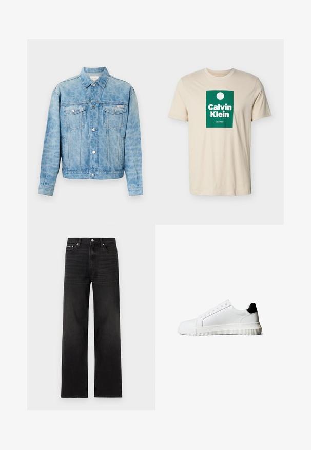 Chaqueta vaquera azul claro con suave estampado de leopardo, cierre de botones, dos bolsillos con solapa en el pecho y logo de Calvin Klein en el bolsillo izquierdo.; Camiseta beige de manga corta con logo rectangular verde que presenta un círculo blanco y el texto "Calvin Klein" en letras blancas negritas.; Jeans negros de pierna recta con diseño de cinco bolsillos, presillas para cinturón y cierre de botón, mostrados sobre un fondo blanco.; Zapatillas de cuero blanco con un detalle en el talón negro, que cuentan con cordones planos, punta redondeada y una suela de goma acanalada para mejor agarre.