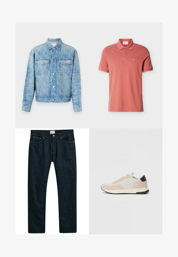 Lyseblå denimjakke med diskret leopardprint, knaplukning, to brystlommer med klap samt Calvin Klein-logo på venstre lomme.; Herre polo med korte ærmer i støvet rosa med to knapper og lille hvidt "cK"-logo på venstre bryst.; Mørkeblå denim jeans med lige ben, fem lomme styling og kontrastsyet på sømmene. Glat stoftekstur.; Sko med en blanding af beige ruskind og lysegrå læder, en polstret krave, snørebåndsdesign og en struktureret gummisål.