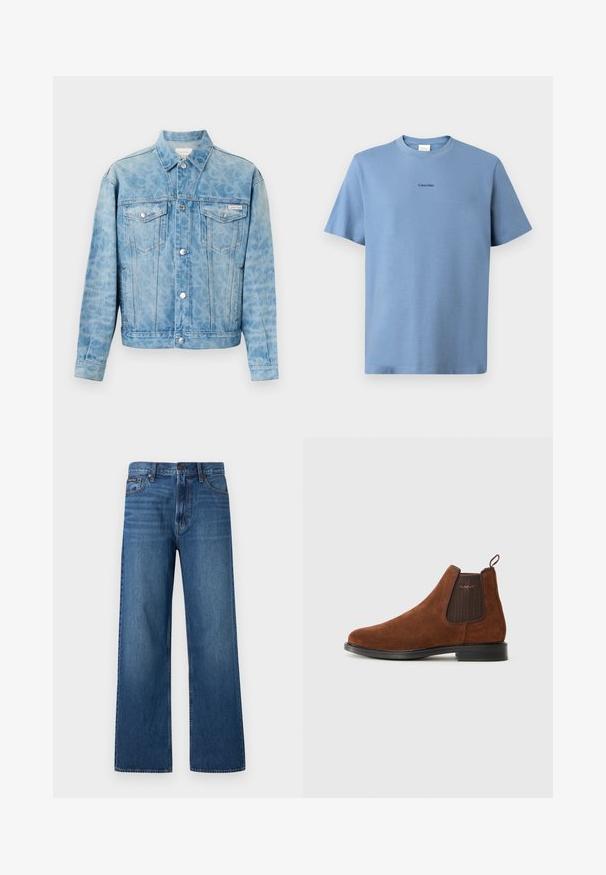 Lyseblå denimjakke med diskret leopardprint, knaplukning, to brystlommer med klap samt Calvin Klein-logo på venstre lomme.; Lyseblå bomulds T-shirt med korte ærmer, rund halsudskæring og subtil "Calvin Klein" logo i sort på brystet. Glat tekstur.; Blå, højtaljede, straight-fit jeans med knapper og lynlås foran, fem lommer og en lille mærket patch på højre lomme.; Brune ruskinds Chelsea-støvle med elastisk sideskilt, løkke til at trække i bagpå, sort sål og subtil "GANT" logo på sideskilt.