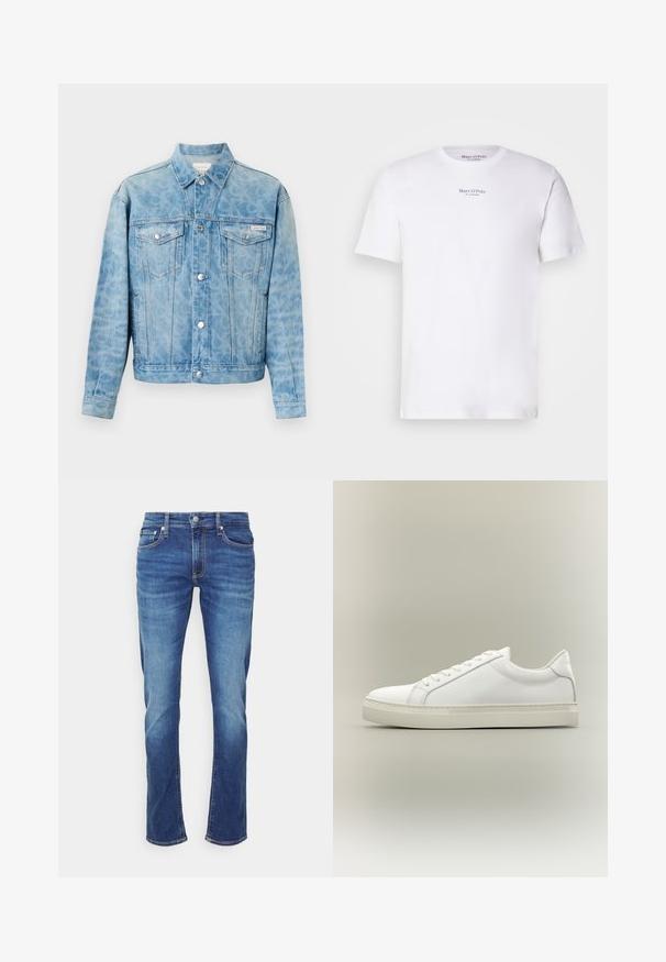 Svetlomodrá rifľová bunda s jemným leopardím vzorom, zapínaním na gombíky, dvoma náprsnými vreckami so záklopkami a logom Calvin Klein na ľavom vrecku.; Biela krátkorpová tričko vyrobené z bavlny s okrúhlym výstrihom. Na hrudi sa nachádza čierny logo "Marc O'Polo". Hladký povrch, minimalistický dizajn.; Modré riflové nohavice s vyblednutými efektmi, zapínanie vpredu na gombík a zips a päťvreckový štýl na jednofarebnom bielom pozadí.; Biela nízka teniska so šnurovaním vpredu a hrubou podrážkou, zobrazená zboku na neutrálom pozadí.