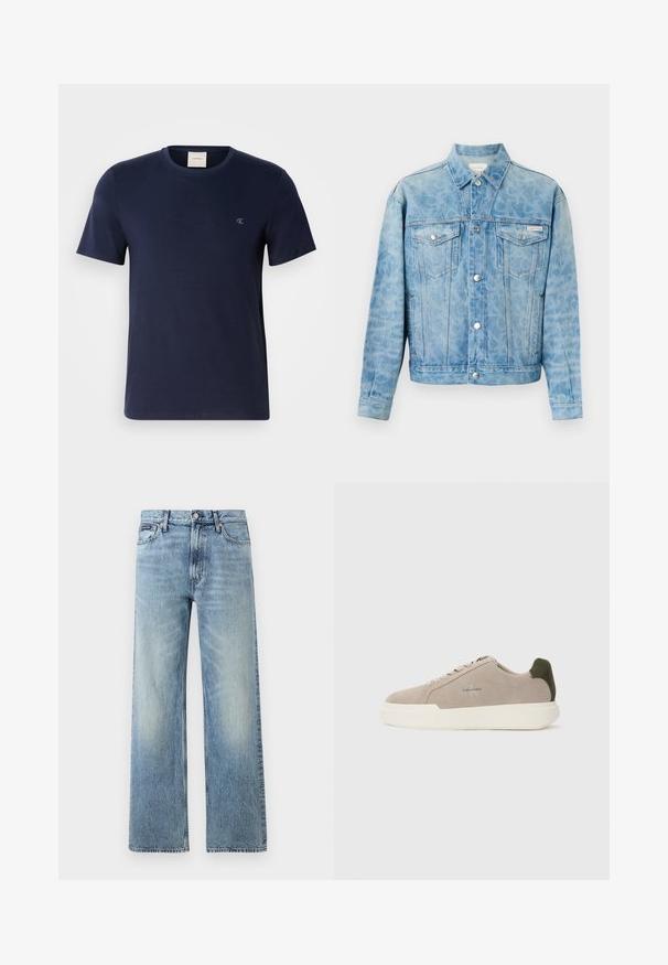 Lichtblauwe spijkerjack met subtiele luipaardprint, knoopsluiting, twee klepzakken op de borst en Calvin Klein-logo op de linkerzak.; Marineblauwe katoenen T-shirt met een ronde hals, korte mouwen en een klein geborduurd logo op de linkerkant van de borst. Soepele textuur en klassieke pasvorm.; Lichtblauwe denim jeans met rechte pijpen, een hoge taille, vijf zakken, knoopsluiting en subtiele vervaging op de dijen en knieën.; Beige suède sneakers met een witte rubberen zool, voorzien van een donkergroene hielaccent en subtiele branding aan de zijkant.