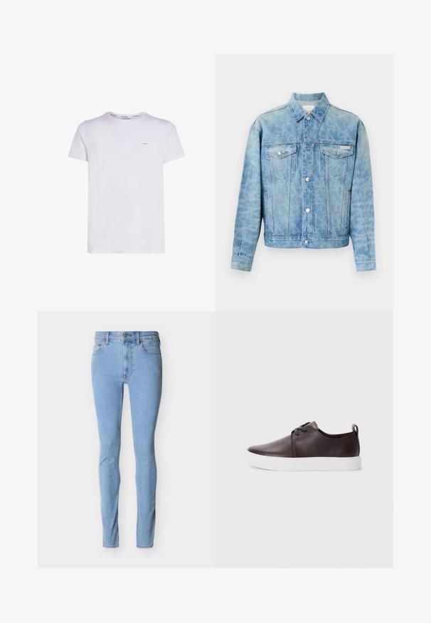 Svetlomodrá rifľová bunda s jemným leopardím vzorom, zapínaním na gombíky, dvoma náprsnými vreckami so záklopkami a logom Calvin Klein na ľavom vrecku.; Biela bavlnená tričko s krátkymi rukávmi, okrúhlym výstrihom a malou nášivkou na ľavej hrudi, s hladkou textúrou a jednoduchým dizajnom.; Svetlomodré džínsy slim fit s predným zapínaním na gombík a zips, s dizajnom piatich vreciek, zobrazené na bielom pozadí.; Hnedé kožené tenisky s hladkým povrchom, bielou gumovou podrážkou, zaoblenou špičkou a šnurovaním. Obsahujú aj pútko na päte.