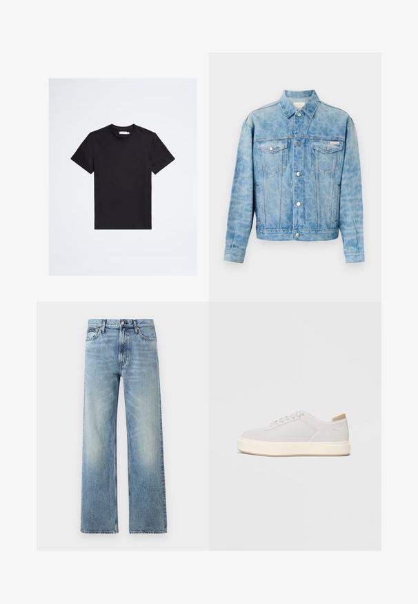 Lyseblå denimjakke med diskret leopardprint, knaplukning, to brystlommer med klap samt Calvin Klein-logo på venstre lomme.; Sort t-shirt med korte ærmer og rund hals med lille tonalt logo på venstre bryst og hvid mærkeetiket inde i kraven.; Lyseblå denim jeans med lige ben, højt talje, fem lommer, knaplukning og diskrete falmede områder på lår og knæ.; Lys grå sneakers med en glat syntetisk overdel, rund tå og en struktureret crème mellemsål. Lysebrune accenter på hælen.