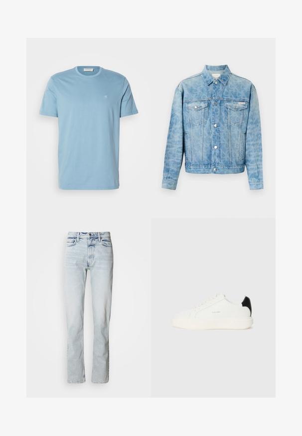Lyseblå denimjakke med diskret leopardprint, knaplukning, to brystlommer med klap samt Calvin Klein-logo på venstre lomme.; Lyseblå bomulds t-shirt med rund hals, korte ærmer og et lille hvidt logo på brystet. Glat tekstur, enkelt design.; Lyseblå denimjeans med lige snit, slidte detaljer, fem-lomme-design og klassisk knaplukning i taljen.; Hvide lædersneakers med en sort accent på hælen, rund tå, flade snørebånd og en tyk hvid sål. Calvin Klein-logoet vises.