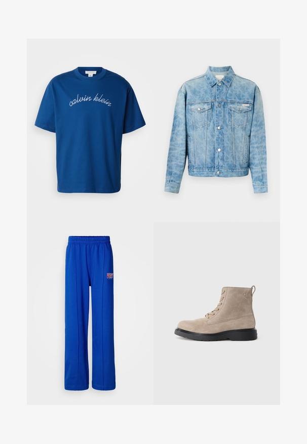 Lichtblauwe spijkerjack met subtiele luipaardprint, knoopsluiting, twee klepzakken op de borst en Calvin Klein-logo op de linkerzak.; Blauwe katoenen t-shirt met een ronde hals en korte mouwen, met "calvin klein" elegant in witte cursieve letters geborduurd over de borst.; Held blauwe sweatpants met een elastische tailleband, recht gesneden benen en een klein rood en wit 'VERY' logo op de rechterdij.; Beige suède enkellaarsjes met zwarte rubberen zool, vetersluiting en een klein logo dat aan de zijkant is gedrukt, voorzien van een trekloop aan de achterkant.