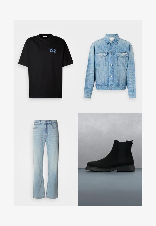Hellblaue Jeansjacke mit dezentem Leopardenmuster, Knopfverschluss, zwei Brustklappentaschen und Calvin Klein-Logo auf der linken Tasche.; Schwarzes Baumwoll-T-Shirt mit entspanntem Schnitt, kurzen Ärmeln und einem blauen gestickten "Calvin Klein"-Logo auf der Brust.; Hellblaue Jeans aus Denim mit geradem Bein, ausgestattet mit fünf Taschen, einem Knopfverschluss und subtilen Verwaschungen im Stoff.; Schwarze Knöchelstiefel aus glattem Material mit subtilen Nähten, einer Gummisohle und einem eleganten Design, platziert auf einer Oberfläche mit Holzstruktur.