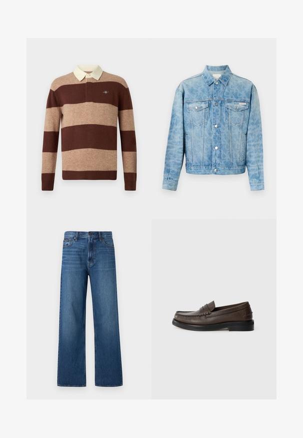Chaqueta vaquera azul claro con suave estampado de leopardo, cierre de botones, dos bolsillos con solapa en el pecho y logo de Calvin Klein en el bolsillo izquierdo.; Camisa de rugby de manga larga con amplias rayas horizontales en marrón y beige y un cuello color crema, con un pequeño logo bordado en el pecho.; Vaqueros azules de tiro alto y pierna recta con botón y cremallera delanteros, cinco bolsillos y un pequeño parche de marca en el bolsillo derecho.; Mocasín de cuero marrón con detalle cosido en la punta, suela plana y tacón bajo apilado. Textura suave con elementos de diseño minimalistas.
