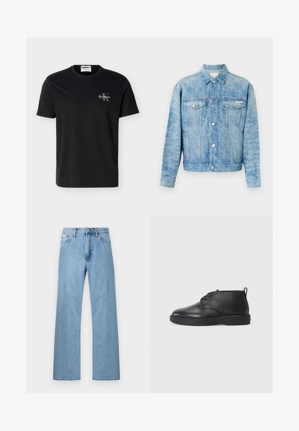Light blue denim jacket with subtle leopard print, button closure, two chest flap pockets, and Calvin Klein logo on left pocket.; Black short-sleeve crew neck T-shirt with small gray Calvin Klein "CK" logo and white text on the left chest.; Light blue straight-leg denim jeans with five-pocket design and button closure at the waist, displayed against a plain background.; Black leather ankle boots with smooth texture, rounded toe, and black rubber sole. Features a lace-up design and a heel tab for easy wear.