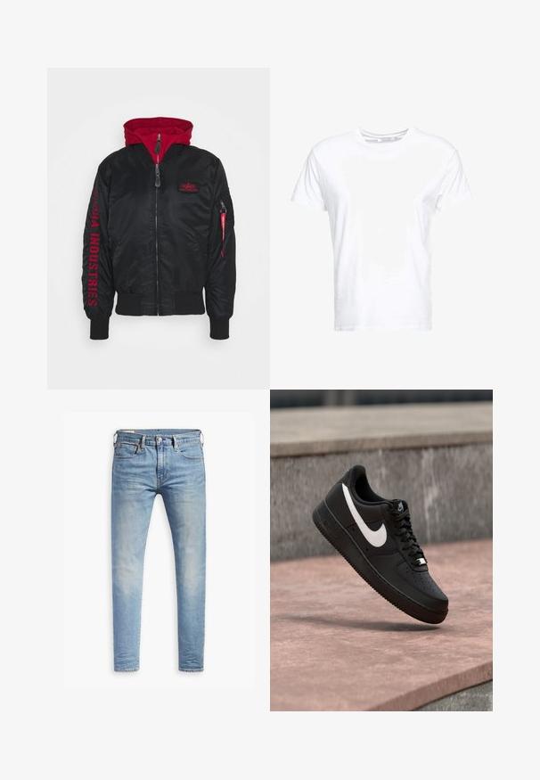 Čierna bomber bunda s červenou kapucňou, s logom "Alpha Industries" v červenej farbe na rukáve, so zipsovými vreckami a rebrovanými manžetami a lemom.; Biela bavlnená tričko má okrúhly výstrih a krátke rukávy, s klasickým strihom a hladkou textúrou. Žiadne vzory alebo hardvér nie sú viditeľné.; Svetlo modré úzke džínsy s miernym prehrdzavením na stehnách, predným gombíkovým zapínaním, pútkami na opasok a štýlom s piatimi vreckami na bielom pozadí.; Čierna teniska Nike Air Force 1 s bielym logom Swoosh vznášajúca sa nad kamenným povrchom s šedou textúrovanou stenou v pozadí.