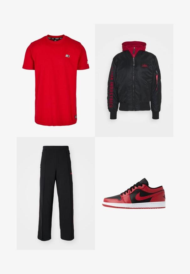 Sort bomberjakke med rød hætte, der har "Alpha Industries" logo i rødt på ærmet, lynlås-lommer og ribbede manchetter og kant.; Rød bomulds t-shirt med rund hals, korte ærmer og et lille sort logo på venstre bryst og ærme. Glat, ensfarvet stof.; Svarte sweatpants med løs pasform, der har røde detaljer og lommer på siderne. Materialet ser blødt ud med en glat tekstur.; Jordan AIR JORDAN 1 - Sneakers - gym red/black/white