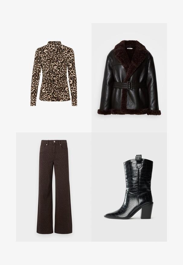Sort læderjakke med mørkebrunt shearling-for, bred krave og matchende bælte med rektangulært spænde.; Langærmet top med høj krave, leopardprint i brune og beige nuancer, og med rynkedetaljer foran for formgivning.; Brune brede jeans med et subtilt leopardmønster, fremstillet i denim med en glat tekstur og klassisk fem-lommer design.; Sort westernstøvle til midten af lægen med spids tå, blokhæle og blank lædertekstur med krokodillepræg mod hvid baggrund.