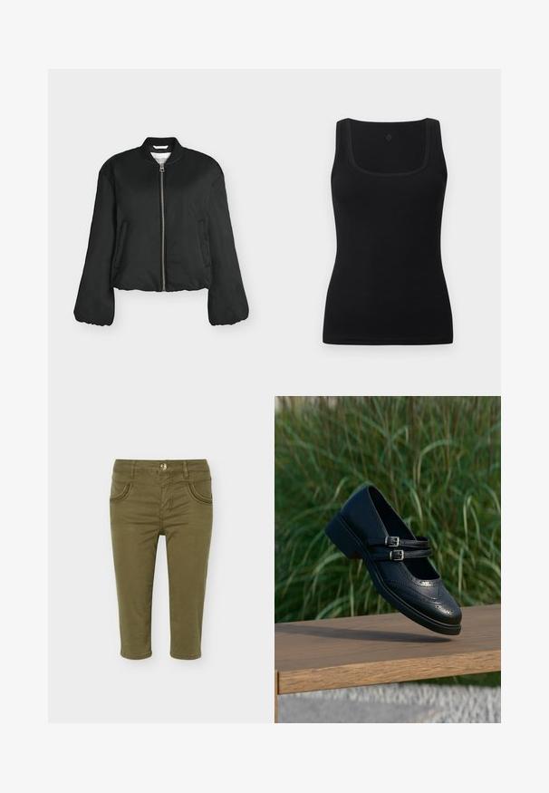 Blouson bomber noir avec fermeture éclair devant, col côtelé, manches longues, poches latérales et longueur légèrement raccourcie, photographié sur fond blanc.; Débardeur noir moulant en tissu lisse, doté d'un décolleté carré et de larges bretelles ; sans motifs ni accents visibles.; Pantalon court vert olive avec poches avant, passants pour ceinture, fermeture à boutons et détails cousus sur les poches.; Chaussure Mary Jane en cuir noir avec doubles brides bouclées et détails brogue, flottant au-dessus d'un banc en bois avec en arrière-plan de l'herbe verte.