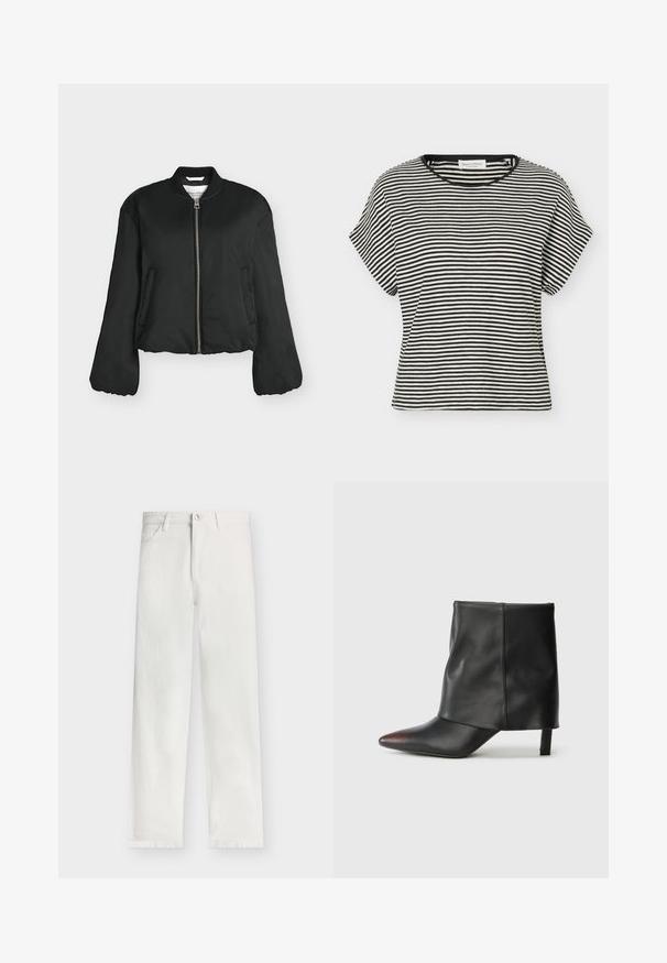 Blouson bomber noir avec fermeture éclair devant, col côtelé, manches longues, poches latérales et longueur légèrement raccourcie, photographié sur fond blanc.; T-shirt à manches courtes à rayures horizontales noires et blanches, col rond et coupe décontractée.; Modström PRINCESSMD - Wide Leg - vanilla cream; Bottine noire en cuir lisse avec un bout pointu et un talon effilé. La tige présente un design légèrement froncé.