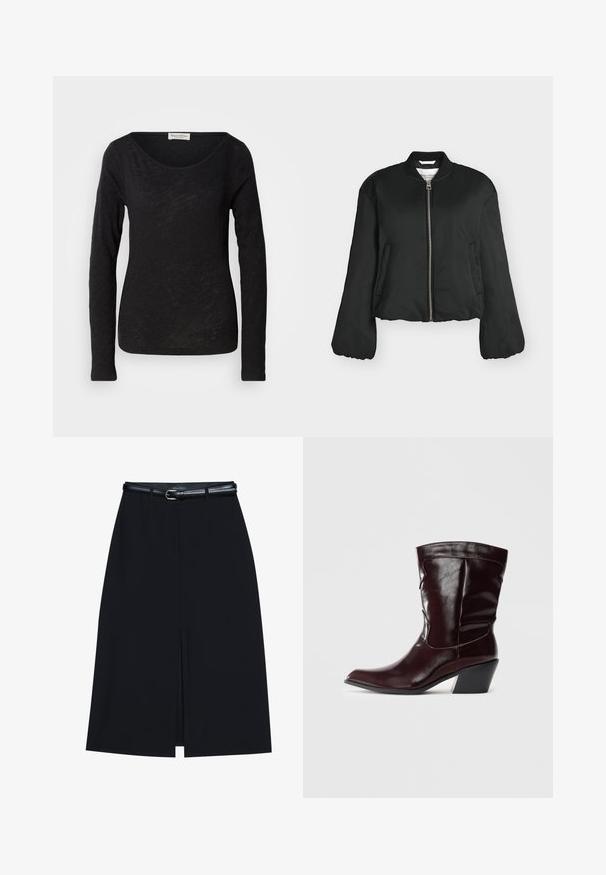 Blouson bomber noir avec fermeture éclair devant, col côtelé, manches longues, poches latérales et longueur légèrement raccourcie, photographié sur fond blanc.; Haut noir à manches longues en tissu léger et texturé. Présente une encolure dégagée et une silhouette ajustée avec un minimum de détails.; Jupe noire à mi-cuisse avec une fente frontale, fabriquée en tissu lisse. Comprend une fine ceinture noire avec une boucle en argent et des passants.; Bottines en cuir bourgogne avec un bout pointu, une surface texturée et un petit talon effilé. Présente une couture discrète et un ajustement confortable.