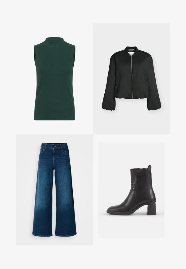 Blouson bomber noir avec fermeture éclair devant, col côtelé, manches longues, poches latérales et longueur légèrement raccourcie, photographié sur fond blanc.; Haut à col roulé sans manches en tissu côtelé de couleur vert foncé. Caractéristiques : un col haut, une texture lisse et une coupe ajustée.; Jean large en denim bleu foncé. Doté d'une taille haute, d'une fermeture à bouton et d'un design classique à cinq poches avec une légère décoloration.; Bottine en cuir noir avec un bout rond, des panneaux latéraux texturés et un talon épais. Fini lisse et design minimaliste.