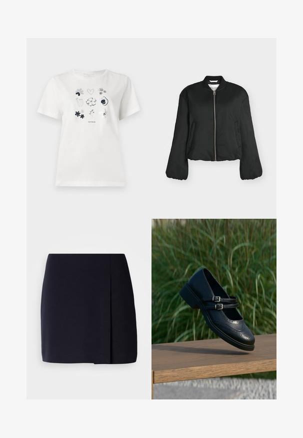 Blouson bomber noir avec fermeture éclair devant, col côtelé, manches longues, poches latérales et longueur légèrement raccourcie, photographié sur fond blanc.; T-shirt en coton blanc avec un motif imprimé de fleurs et de cœurs en bleu marine et gris. Col rond et manches courtes, coupe décontractée.; Une mini-jupe noire à silhouette droite, fabriquée en tissu doux, avec un pli latéral pour un détail supplémentaire et un ourlet net.; Chaussure Mary Jane en cuir noir avec doubles brides bouclées et détails brogue, flottant au-dessus d'un banc en bois avec en arrière-plan de l'herbe verte.