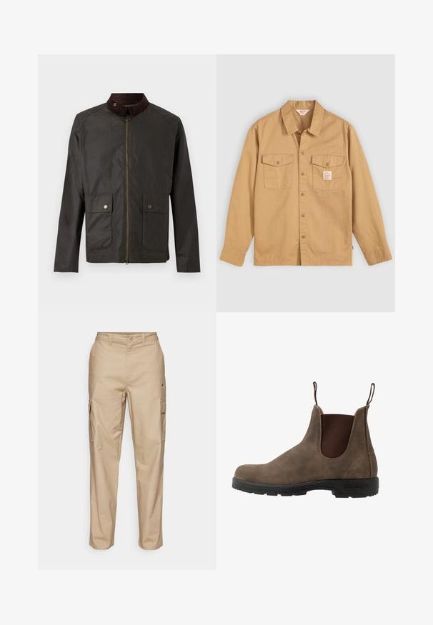 Barbour BEDALE WAX JACKET - Veste mi-saison - olive; Chemise beige à manches longues, avec deux poches sur la poitrine et une petite étiquette. Fabriquée en coton avec une texture lisse et un design de col classique.; Pantalon cargo beige avec une finition texturée, doté de poches latérales, d'une fermeture à bouton et d'une coupe droite.; Bottine chelsea en cuir marron avec des panneaux élastiques sur les côtés, des languettes de traction et une semelle en caoutchouc noir avec un relief texturé pour une meilleure adhérence.