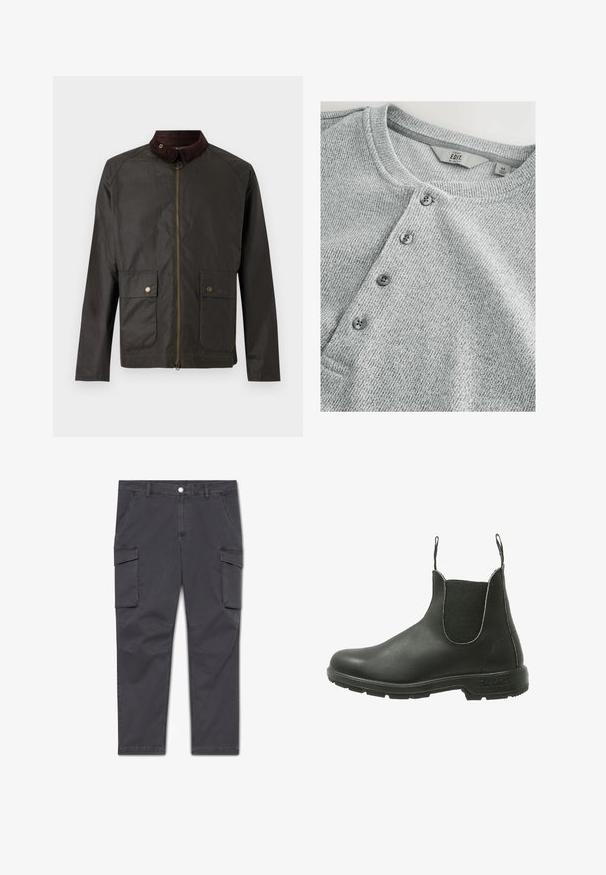 Barbour BEDALE WAX JACKET - Jas - olive; Grijze gebreide shirt met lange mouwen en een ronde halslijn, vijf knopen sluiting, ribbelstructuur en een slim fit ontwerp. Label geeft maat M aan.; Houtskoolgrijze cargobroek met twee klepzakken aan de voorkant, zijzakken, een knoopsluiting, riemlussen en versterkte kniestiksels.; Zwarte leren Chelsea-boot met elastische zijpanelen, ronde neus en een textuur rubberen zool, ontworpen voor gemakkelijke instap.
