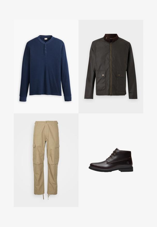 Barbour BEDALE WAX JACKET - Ελαφρύ μπουφάν - olive; Μπλουζάκι με μακριά μανίκια σε ναυτικό μπλε χρώμα, κατασκευασμένο από ριμπ ύφασμα. Διαθέτει στρογγυλή λαιμόκοψη και τρία κουμπιά. Τα μανίκια είναι εφαρμοστά.; Κάπρι cargo παντελόνια από ελαφρύ ύφασμα, με πολλές πλαϊνές τσέπες, χαλαρή εφαρμογή και ρυθμιζόμενους σνίκερ κουμπώματος στο τελείωμα.; Σκούρο καφέ δερμάτινο μποτάκι με κορδόνια στον αστράγαλο, μαύρη σόλα και διακριτικό λογότυπο στο πλάι, εμφανιζόμενο σε προφίλ πάνω σε λευκό φόντο.