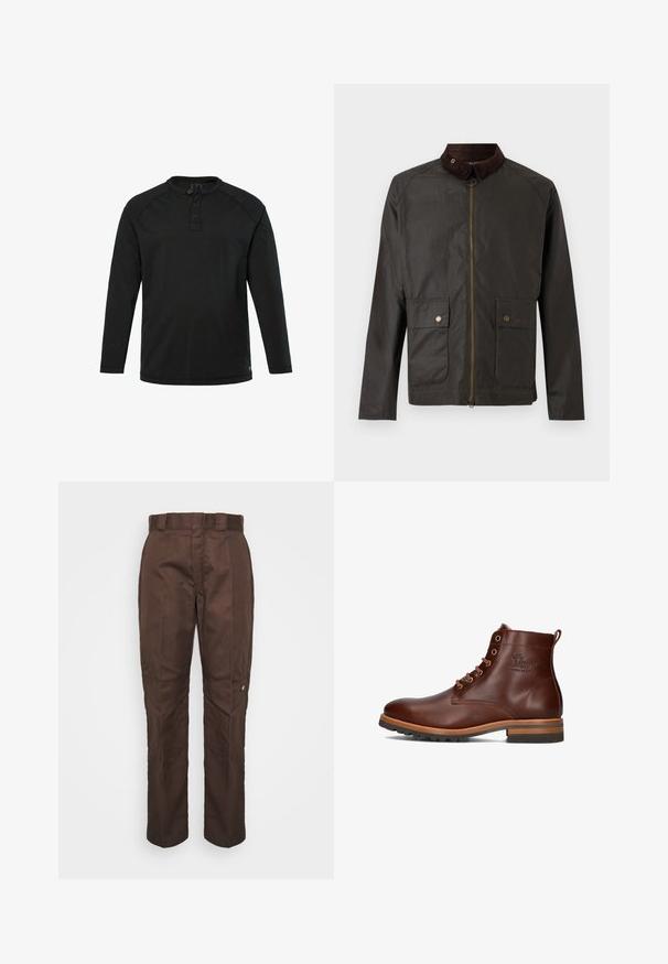 Barbour BEDALE WAX JACKET - Jas - olive; Zwarte lange mouw Henley-shirt met drie knopen en een ronde hals, eenvoudig design en rechte zoom.; Bruine, recht lopende broek met een gladde textuur. Heeft een riemlus, zijnaad en een klein merklogo op het linkerbeen.; Bruine leren enkellaars met ronde neus, vetersluiting, contrasterende hak en zolen, en een reliëflogo op de zijkant.