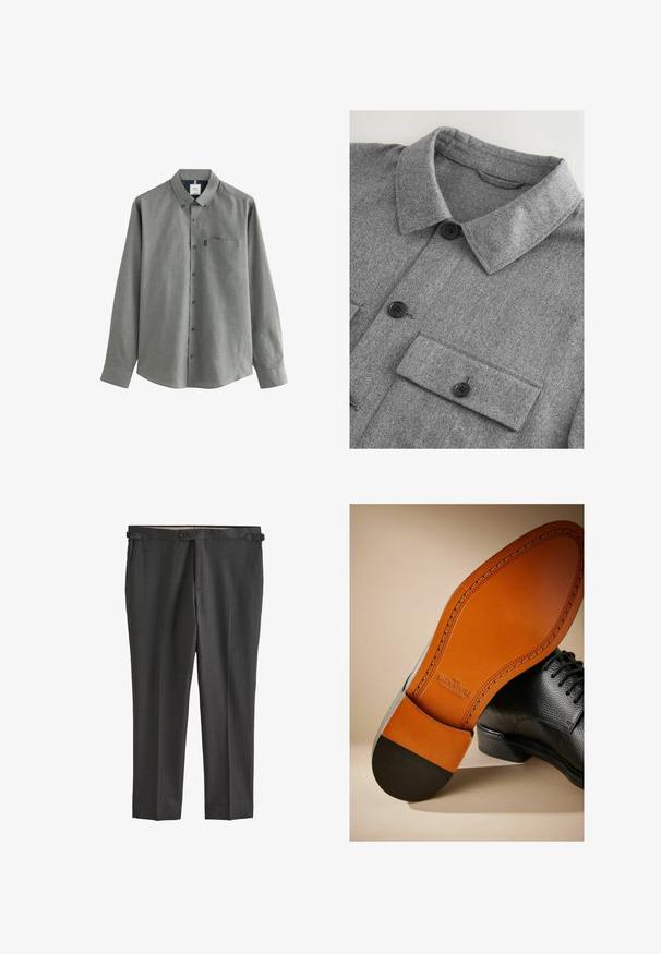 Veste chemise en mélange de laine grise avec un col évasé, deux poches poitrine et des boutons noirs. La texture est douce et légèrement chinée.; Chemise grise pour homme à manches longues avec col boutonné et poche poitrine sur fond blanc.; Pantalons taillés gris foncé avec une texture lisse, fermeture à bouton, passants de ceinture et poches latérales. Design à l'avant plat avec des plis nets.; Chaussure en cuir noir avec un dessus texturé, semelle en cuir marron contrastant et talon noir. Présente des coutures visibles et un logo sur la semelle intérieure.