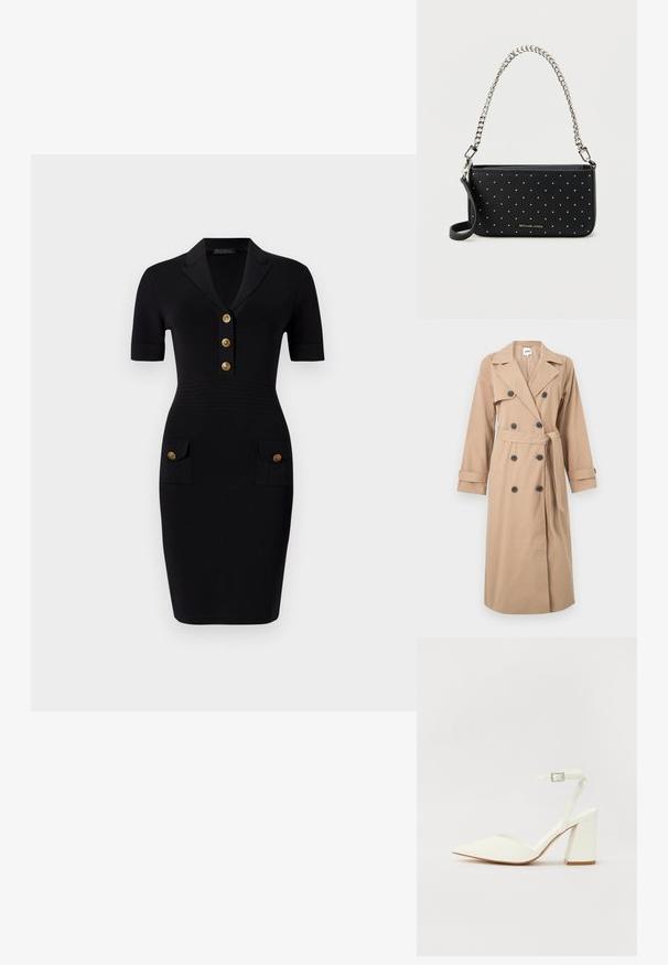 Beige dobbeltradet trenchcoat med sorte knapper, brede revers, lange ærmer, bælte i taljen og manchetstraps, hængende mod en hvid baggrund.; Sort tætsiddende kjole med korte ærmer, krave, fem guldknapper og to frontlommer med matchende knapper. Glat stofstruktur.; Hvide hælede sandaler med spids tå, justerbar ankelrem og en kraftig firkantet hæl. Glat tekstur med minimale syninger.; Sort læderhåndtaske med sølvnitter, en kæderem, en aftagelig skulderrem og et gyldent logo. Rektangulær form med tekstureret overflade.