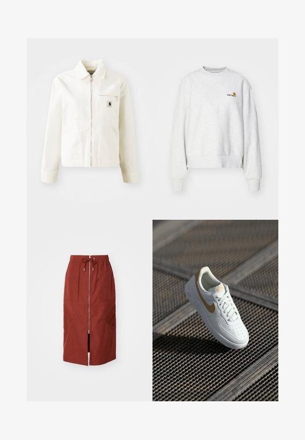 Chaqueta blanca de algodón con cierre frontal, cuello puntiagudo y bolsillos laterales. Presenta un pequeño parche con logo en el pecho y mangas largas.; Sudadera gris de cuello redondo en una tela suave con puños y dobladillo de punto; presenta un logo bordado en el pecho en amarillo y burdeos.; Falda de longitud media en rojo terracota, con cremallera frontal, cinturilla elástica con cordón ajustable y bolsillos laterales con un diseño geométrico.; Zapatilla blanca de piel con detalles dorados, puntera redonda, diseño perforado en la caja de los dedos y cordones planos. Presenta la marca 'Air' en la suela.