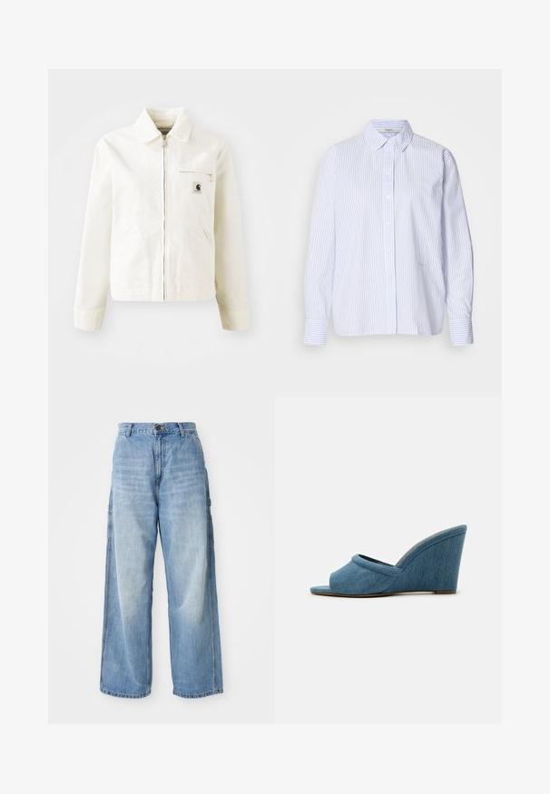 Witte jack van katoen met een rits aan de voorkant, puntige kraag en zijzakken. Kenmerkt zich door een klein logo-embleem op de borst en lange mouwen.; Lichtblauw en wit gestreepte lange mouwen shirt met een button-down kraag, met een relaxte pasvorm en een zachte stoftextuur.; Lichtblauwe wijde jeans met een hoge taille, voorzien van zijzakken en een vervaagde textuur, vervaardigd uit denim materiaal.; Denim wedge sandalen met een open teen ontwerp, gestructureerde stof en een gebogen hak. De schoen is van een effen lichtblauwe kleur.