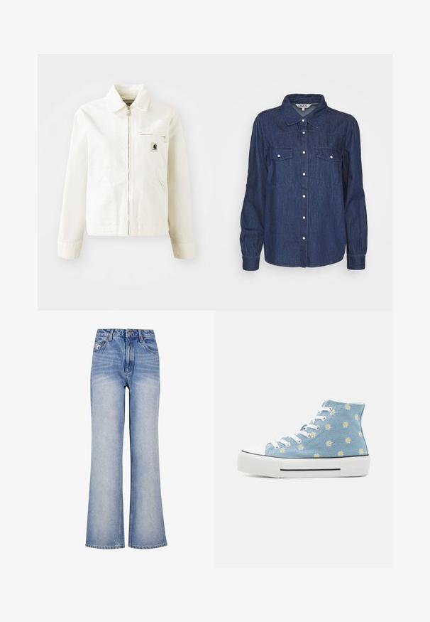 Chaqueta blanca de algodón con cierre frontal, cuello puntiagudo y bolsillos laterales. Presenta un pequeño parche con logo en el pecho y mangas largas.; ONLY ONLLINETTE SHIRT - Blusa - dark blue denim; Jeans de mezclilla de un azul claro, de pierna ancha, con cintura alta, cierre de botón, un ligero desvanecimiento y un diseño clásico de cinco bolsillos.; Zapatilla alta azul de mezclilla, con bordados de flores blancas, cordones blancos y una suela de goma blanca gruesa con acentos negros.