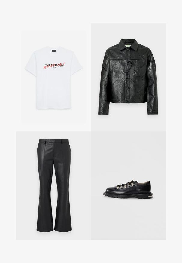 Sort læderjakke med en krøllet tekstur, en knaplukning foran, spids krave og lange ærmer. Har to frontlommer.; Hvid bomulds t-shirt med korte ærmer, som har et sort og koralfarvet grafisk print. Teksten lyder: "THE KOOPLES? HVA?" og "PARIS."; Sorte læderbukser med en mellemhøj talje, bæltestropper, detaljerede syninger foran og en subtil flare nederst ved benene.; Sorte læder lavskårne sko med tyk sål, metaløjer, dekorative sølv charms på snørebåndene, og tekstureret mønster på sålen.