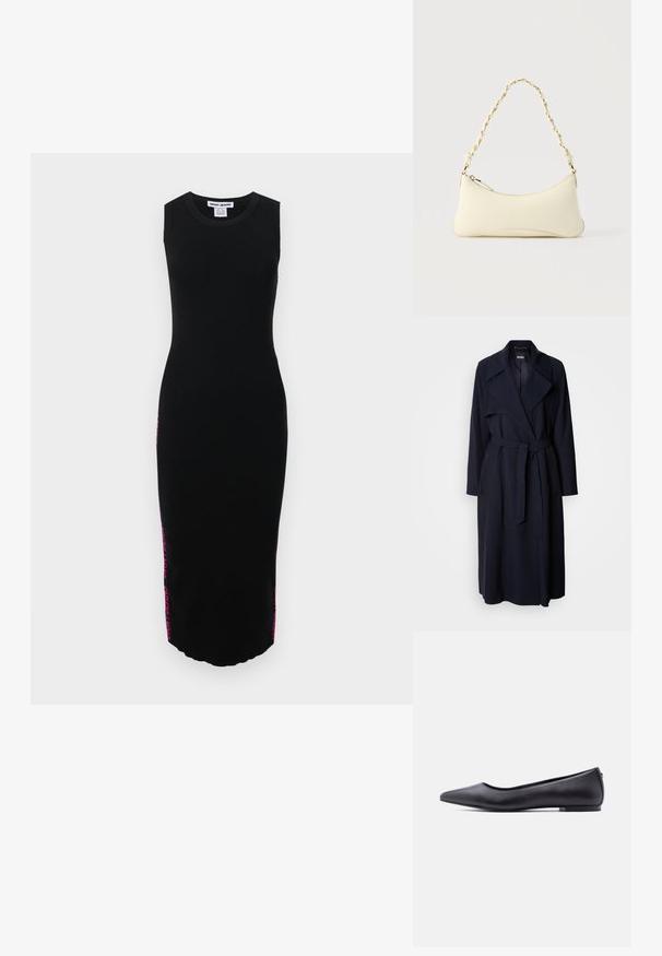 Manteau trench en marine avec un large col, des manches longues, une ceinture nouée à la taille et des poches latérales. Tissu lisse avec une coupe décontractée.; Robe midi sans manches en tricot noir avec une texture côtelée et une marque rose audacieuse sur les côtés. Silhouette droite et ourlet arrondi.; Chaussure plate en cuir noire à bout pointu avec petit talon, vue de profil sur fond blanc.; Petit sac à main couleur crème avec une forme incurvée et une poignée en chaîne torsadée ton or, fermeture éclair sur le dessus