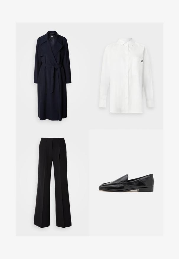 Marineblå trenchcoat med stor krave, lange ærmer, et bundet bælte i taljen og sidelommer. Glat stof med et afslappet pasformdesign.; Hvid langærmet skjorte lavet af bomuldsblandingsstof, med en button-down krave, brystlomme og et lille sort logo på brystet.; Sorte bukser lavet af glat stof, med høj talje, bred ben silhuet og to frontfolder for ekstra design detaljer.; Sorte læder loafers med en glat overflade, der har en syet detalje langs forkanten og en lav, firkantet hæl.