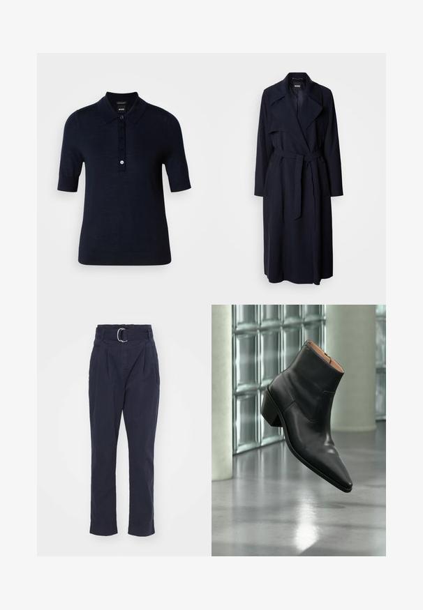 Trinchera de marina con un gran cuello, mangas largas, un cinturón atado en la cintura y bolsillos laterales. Tejido suave con un diseño de ajuste relajado.; Polo de color azul marino hecho de un tejido suave, con cuello, mangas cortas y una tapeta de botones con un pequeño detalle de logo.; Pantalones azul marino con un cinturón y hebilla plateada, con una cintura alta, pliegues y piernas ajustadas con dobladillos. Textura de tela de algodón.; Botín de piel negra con puntera puntiaguda y tacón cuadrado que levita sobre un suelo gris reflectante cerca de una pared de bloques de cristal.