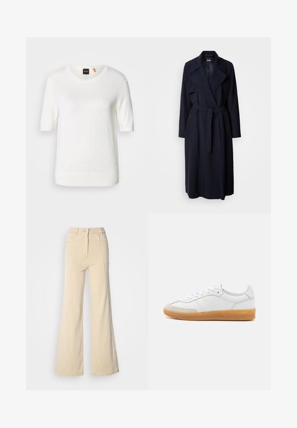 Marineblå trenchcoat med stor krave, lange ærmer, et bundet bælte i taljen og sidelommer. Glat stof med et afslappet pasformdesign.; Hvid kortærmet strik-top med rund halsudskæring, ribkant og blød tekstur. Logomærke med orange detalje ved kraven.; Beige vidde jeans med høj talje, forlommer og kontrasterende syninger, udstyret med en knaplukning og en glat bomuldsstruktur.; Hvide lædersneakers med beige ruskindsdetaljer, gummisål og snøredesign. Har diskret branding i guld.