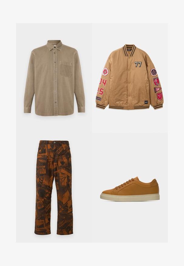 Brun bomberjakke med sorte og røde pletter, herunder '77' og varsity klub grafik. Har stribede manchetter og knaplukning.; CLOSED FORMAL ARMY SHIRT - Skjorter - rock beige; Brune mønstrede bukser med et collage af mørke designs, flagrende benform, standard knap- og lynlåslukning samt fem-lomme stil.; Lavskaftet sko i lysebrunt læder med matchende snørebånd og off-white gummisål mod en ensfarvet lys grå baggrund.
