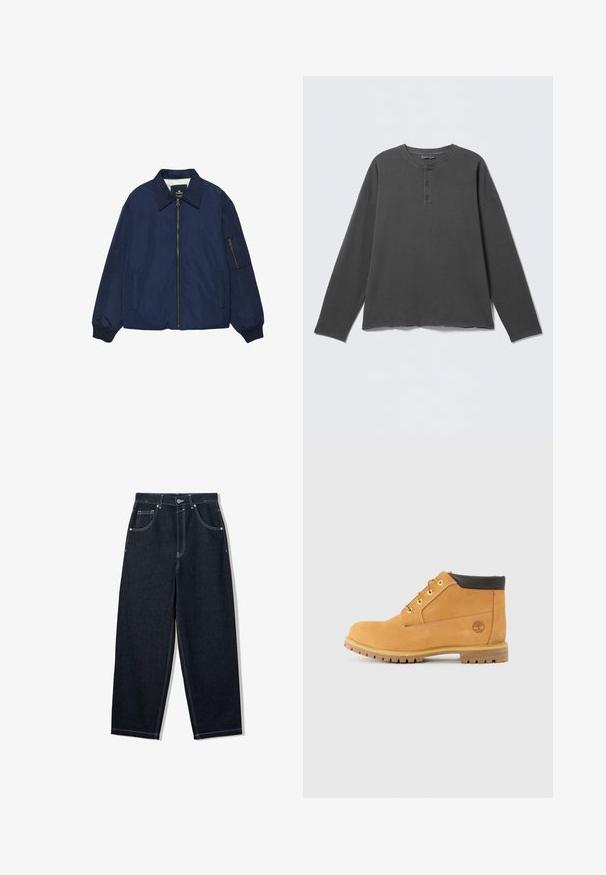 Blouson aviateur bleu marine avec fermeture éclair à l'avant, col pointu, poignets côtelés, deux poches latérales et une poche zippée sur la manche gauche.; Chemise henley à manches longues gris foncé avec un col rond et trois boutons sur la patte de boutonnage avant.; Jean droit indigo foncé avec une couture contrastante blanche, conception à cinq poches et fermeture à bouton en métal à la taille.; Bottes mi-hautes en cuir tan avec bout rond, accents marron, œillets en métal jaune et semelle robuste. Logo Timberland embossé sur le côté.