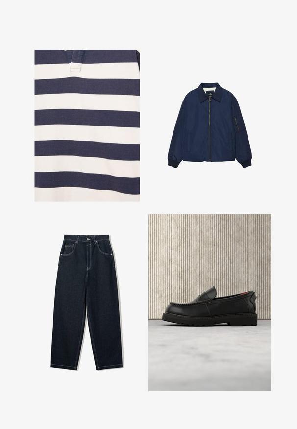 Blouson aviateur bleu marine avec fermeture éclair à l'avant, col pointu, poignets côtelés, deux poches latérales et une poche zippée sur la manche gauche.; Chemise avec des rayures horizontales bleu marine et blanc, avec un col en V court présentant des détails cousus.; Jean en denim foncé à jambes larges avec des coutures blanches contrastées, cinq poches et une fermeture bouton. Présente un design taille haute.; Mocassin en cuir noir avec semelle robuste et doublure intérieure rouge, positionné en suspension au-dessus d'un tapis beige et près d'un meuble en bois.