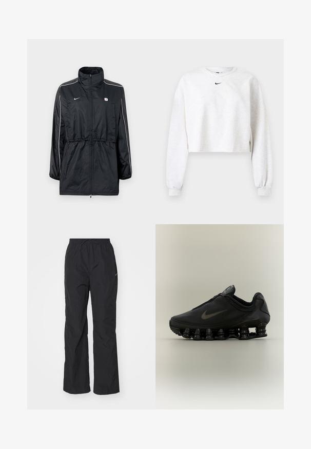 Zwarte windbreaker jas met een hoge kraag, ritssluiting, verstelbare taille met trekkoord en witte strepen aan de zijkant. Logo op de borst.; Korte sweatshirt in lichtgrijs, gemaakt van zachte stof. Heeft een ronde hals, lange mouwen met elastische manchetten, en een zwart Nike-logo boven de borst.; Zwarte, lichtgewicht broek met een elastische tailleband en verstelbare trekkoord. Heeft een gestructureerde afwerking en een klein reflecterend logo aan de zijkant.; Zwarte Nike-sneaker met een bovendeel met ritssluiting en een kenmerkende veerachtige, gesegmenteerde zool, weergegeven in zijaanzicht op een neutrale achtergrond.