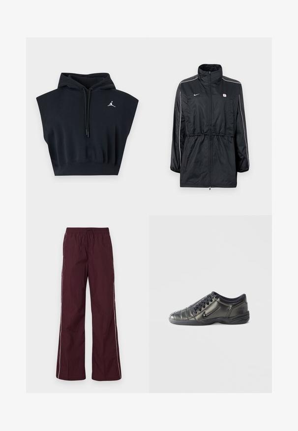 Veste coupe-vent noire avec un col montant, fermeture éclair, taille ajustable avec cordon de serrage, et bandes blanches sur les côtés. Logo sur la poitrine.; Sweat à capuche court noir sans manches avec cordons et petit logo blanc Jumpman sur la poitrine gauche.; Pantalons bordeaux respirants avec une finition texturée et une coupe ample. Dotés de rayures blanches sur les côtés et d'une taille élastique avec un cordon de serrage.; Baskets Nike basses noires avec des lacets, des détails cousus et une semelle texturée sur un fond blanc uni.