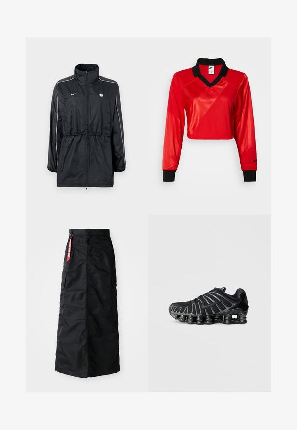 Zwarte windbreaker jas met een hoge kraag, ritssluiting, verstelbare taille met trekkoord en witte strepen aan de zijkant. Logo op de borst.; Rode korte sporttop met zwarte kraag, lange mouwen, voorzien van een gestructureerd patroon en het Nike-logo op de mouw. Glad en glanzend materiaal.; Zwarte lange rok met een voorkant met knopen en rits, zij cargo zakken en een rode 'Remove Before Flight' stoffen label op de tailleband.; Zwarte sportschoen met een gestructureerd mesh bovenwerk en een opvallende dikke zool met afgeronde segmenten. Veters en verstevigde hiel voor ondersteuning.