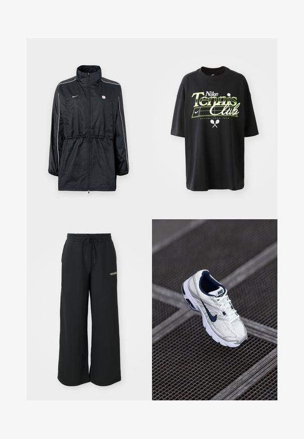 Sort vindjakke med høj krave, lynlåslukning, justerbar snor i taljen og hvide striber på siderne. Logo på brystet.; Sort bomulds T-shirt med korte ærmer, der har et grønt og hvidt "Nike Tennis Club" grafisk design, samt illustrationer af en tennisbold og en racket.; Svarte sweatpants med vid benvidde, lavet af blødt stof, med elastisk talje og snøre samt et lille logo på venstre side.; Nike løbesko i hvid og marineblå med en struktureret mesh-overdel, polstret sål og et karakteristisk logo langs siden.