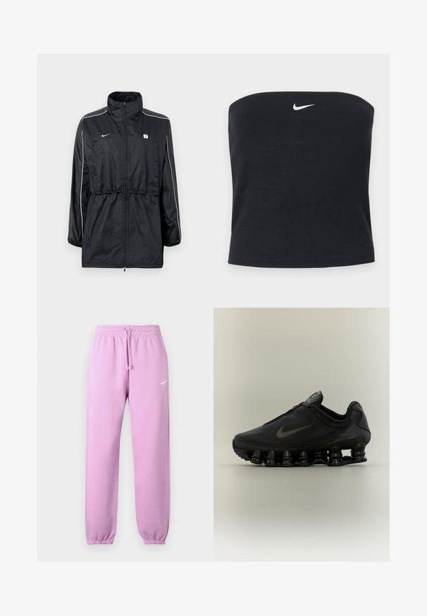 Sort vindjakke med høj krave, lynlåslukning, justerbar snor i taljen og hvide striber på siderne. Logo på brystet.; Sort Nike strapless tube top med hvid Swoosh-logo centreret nær den øverste kant, ensfarvet baggrund.; Lyse lilla Nike joggingbukser med elastisk taljebånd, justerbar snor, elastiske manchetter og hvid Nike swoosh-logo på venstre lår.; Sort Nike-sneaker med lynlåsfunktion øverst og karakteristisk fjederlignende opdelt sål, vist i sideprofil mod en neutral baggrund.