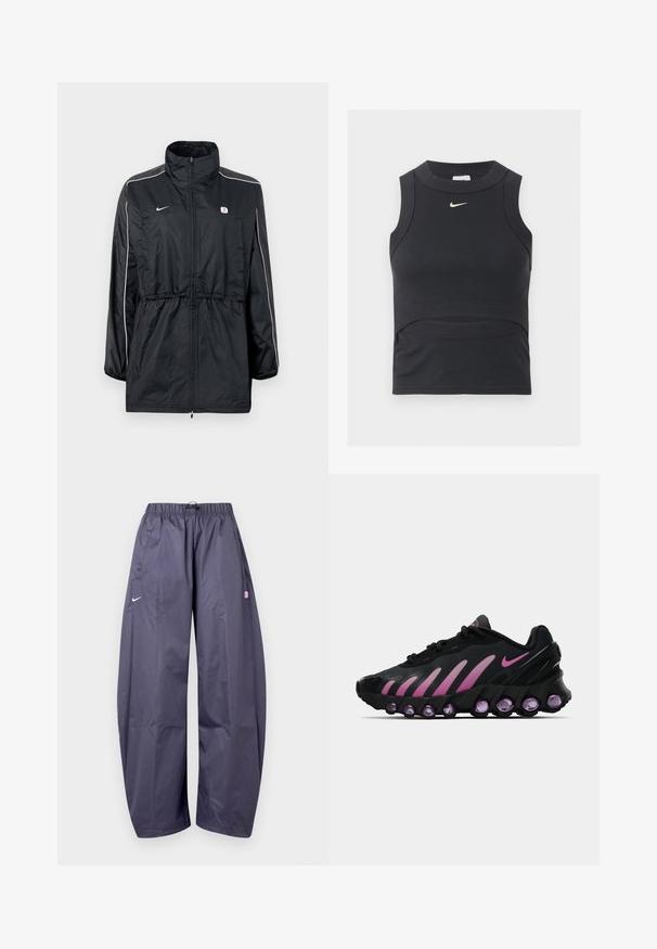 Sort vindjakke med høj krave, lynlåslukning, justerbar snor i taljen og hvide striber på siderne. Logo på brystet.; Sort ærmeløs cropped sportstop med ribbet tekstur og hvid Nike swoosh-logo på brystet.; Løse mørkegrå Nike træningsbukser med elastisk taljebånd, sidelommer og et lille pink logo på højre lår.; Sorte og lyserøde Nike sneakers med en mesh-overdel, buet design og rund lilla dæmpning i sålen og på siderne.