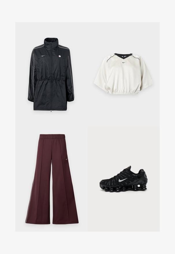 Zwarte windbreaker jas met een hoge kraag, ritssluiting, verstelbare taille met trekkoord en witte strepen aan de zijkant. Logo op de borst.; Witte cropped sporttop met zwarte V-hals boord, elastische tailleband, korte wijde mouwen en klein zwart Nike-logo aan de voorkant in het midden.; Bordeaux wijde broek van een gladde stof met een elastische tailleband en witte zijstrepen. Bevat een klein Nike-logo op de linker dij.; Zwarte Nike sportschoen met zilveren Swoosh-logo, mesh en synthetische bovenkant en een kenmerkende gesegmenteerde dempende zool.