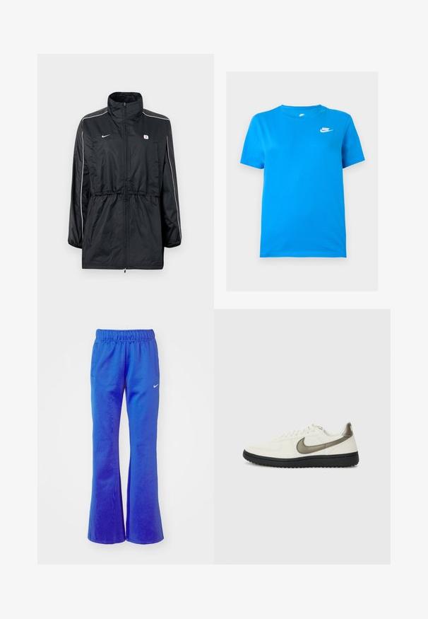 Chaqueta cortavientos negra con cuello alto, cierre de cremallera, cintura con cordón ajustable y franjas blancas laterales. Logo en el pecho.; Camiseta Nike azul de manga corta con cuello redondo y logo blanco de Nike en la parte superior izquierda del pecho sobre un fondo liso.; Pantalones deportivos acampanados en azul brillante, con cintura elástica, dos bolsillos laterales y un pequeño logotipo blanco en la parte delantera.; Nike Sportswear FIELD GENERAL - Zapatillas - off-white/black
