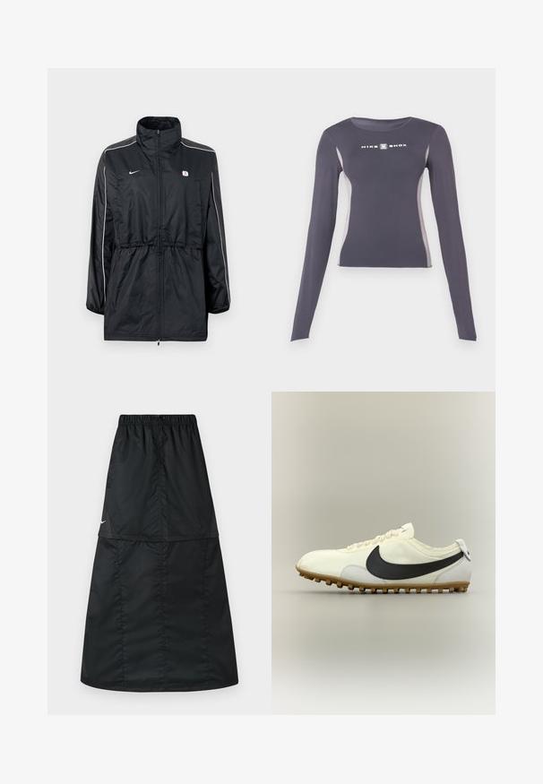 Black windbreaker jacket featuring a high collar, zipper closure, adjustable drawstring waist, and white side stripes. Logo on the chest.; Dark gray long-sleeve fitted athletic top with light gray side panels and white "Nike Shox" logo on chest.; Black athletic skirt made of lightweight, smooth nylon fabric. Features an elastic waistband and a simple, long, A-line design.; White low-top athletic shoe with black Nike swoosh, gum sole, and white laces, displayed on neutral background in side view.