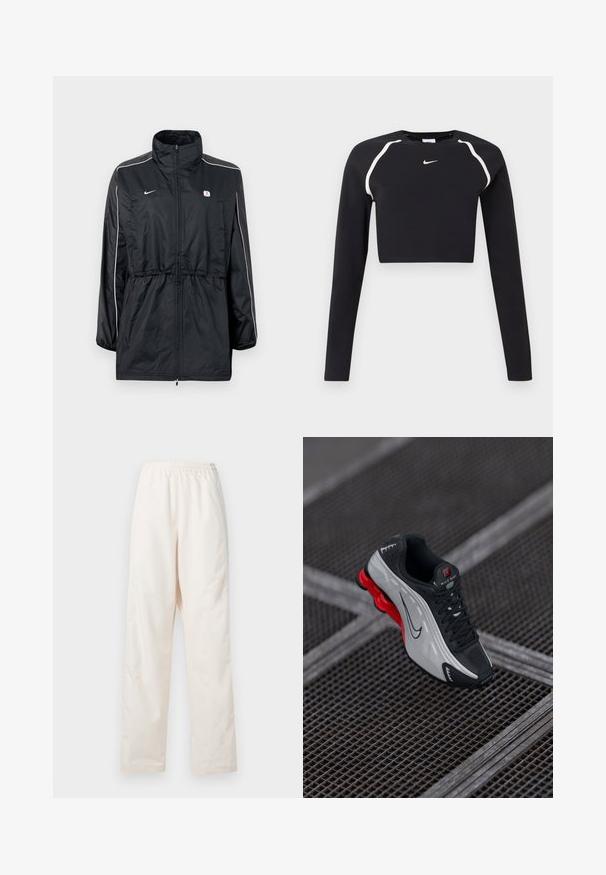 Sort vindjakke med høj krave, lynlåslukning, justerbar snor i taljen og hvide striber på siderne. Logo på brystet.; Sort langærmet cropped sports top med hvide buede skulderstriber og lille hvid Nike swoosh-logo i midten af brystet.; Løse, cremefarvede bukser med elastisk talje og lige ben, vist mod en ensfarvet hvid baggrund.; Sort og grå atletisk sko med rød polstret sål, sorte snørebånd og swoosh-logo hvilende på metalgitteroverflade.