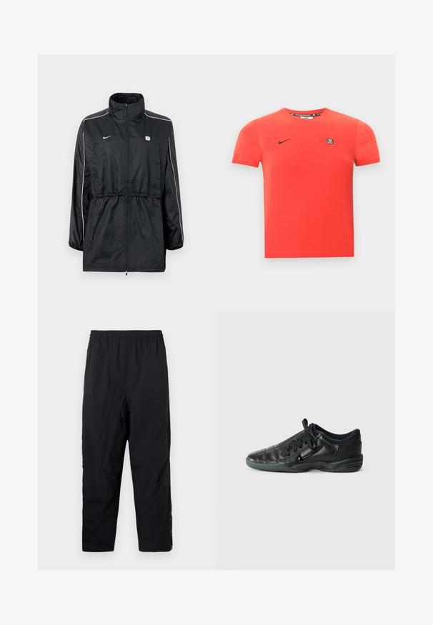 Black windbreaker jacket featuring a high collar, zipper closure, adjustable drawstring waist, and white side stripes. Logo on the chest.; Red cotton T-shirt with short sleeves, featuring a black Nike logo and a small branded patch on the chest. Simple crew neckline.; Black elastic waist casual pants with straight legs and snap buttons at the ankle on plain white background.; Black leather athletic shoe with a quilted design, rounded toe, lace-up front, and rubber sole. Features subtle branding on the side.